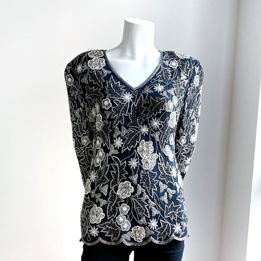 Vintage Fully Beaded Keyhole Back Long Sleeve Evening Top M